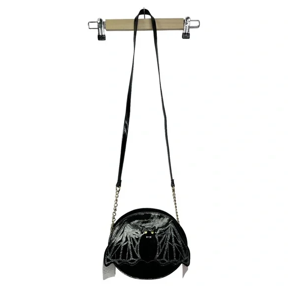 BETSEY JOHNSON HALLOWEEN “ BAT” BLACK PATENT LEATHER CROSSBODY BAG PURSE NWT - Picture 2 of 8